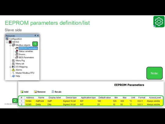 Page Confidential Property of Schneider Electric | EEPROM parameters definition/list Slave side 1 Note: 2