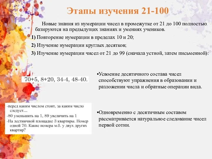 Этапы изучения 21-100 Новые знания из нумерации чисел в промежутке