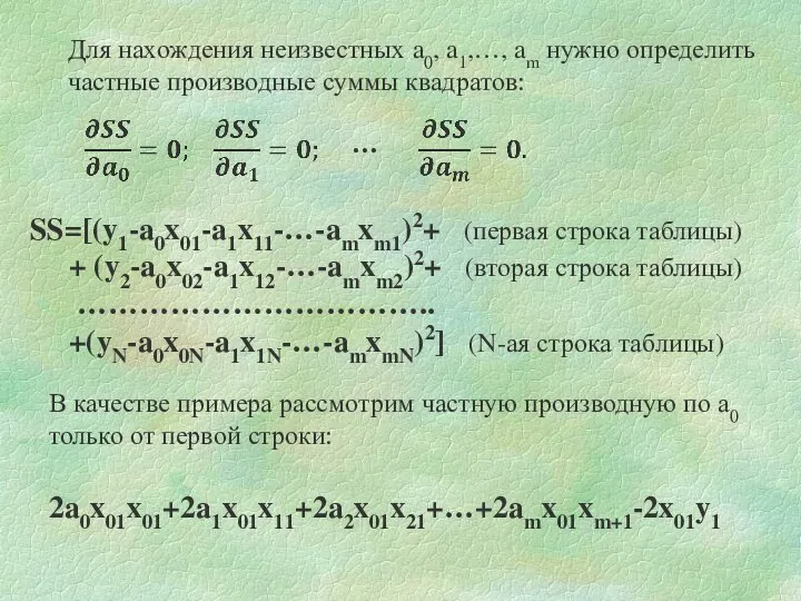 Для нахождения неизвестных a0, a1,…, am нужно определить частные производные