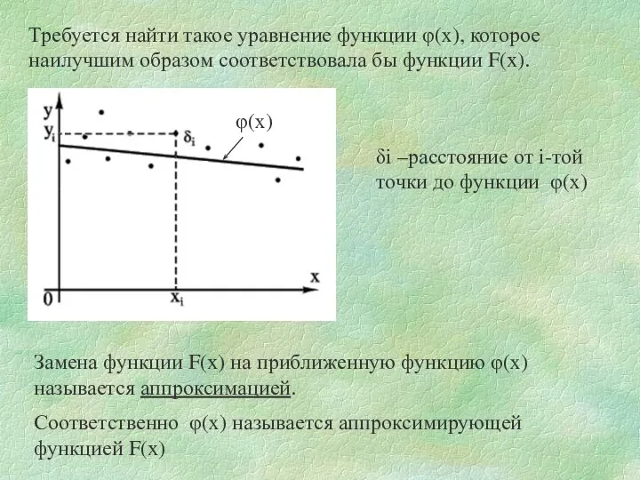 Соответственно φ(х) называется аппроксимирующей функцией F(x) δi –расстояние от i-той