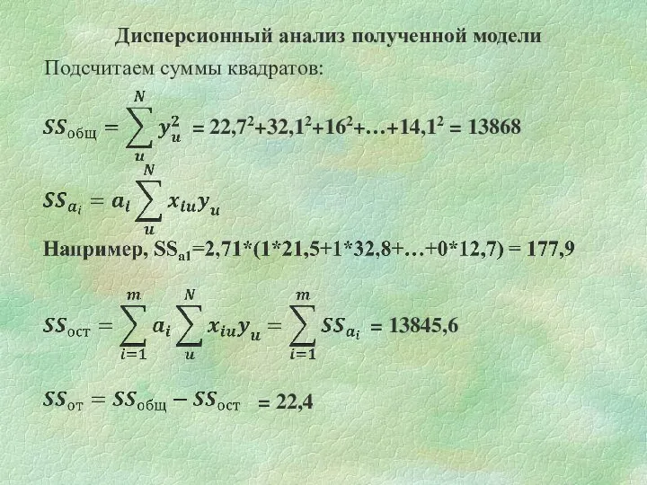 Дисперсионный анализ полученной модели Подсчитаем суммы квадратов: = 22,72+32,12+162+…+14,12 = 13868 = 13845,6 = 22,4