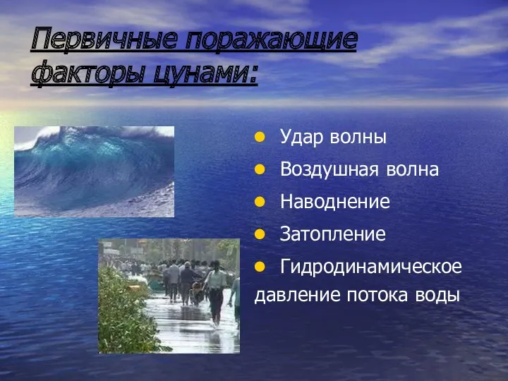 Первичные поражающие факторы цунами: Удар волны Воздушная волна Наводнение Затопление Гидродинамическое давление потока воды