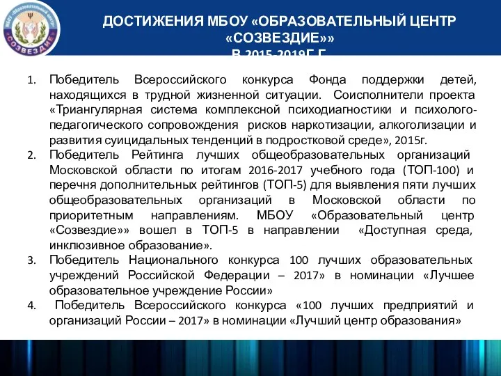 Победитель Всероссийского конкурса Фонда поддержки детей, находящихся в трудной жизненной ситуации. Соисполнители проекта