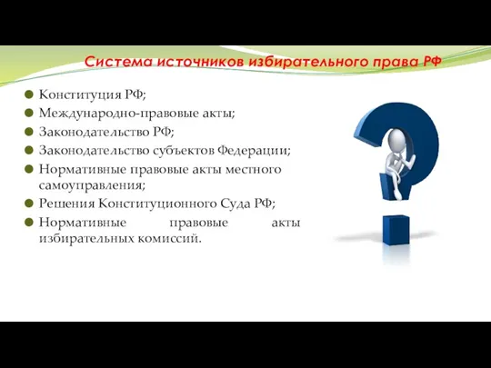 Система источников избирательного права РФ Конституция РФ; Международно-правовые акты; Законодательство