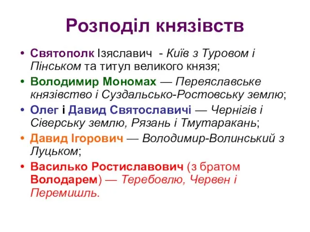 Розподіл князівств Святополк Ізяславич - Київ з Туровом і Пінськом та титул великого