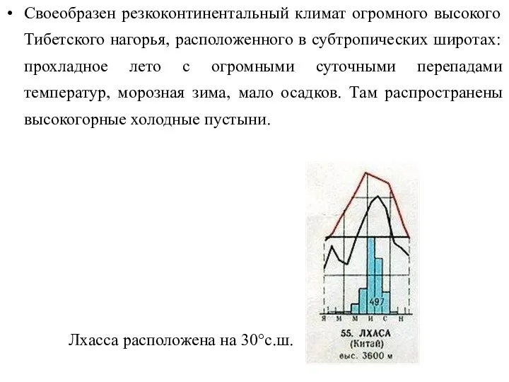 Своеобразен резкоконтинентальный климат огромного высокого Тибетского нагорья, расположенного в субтропических