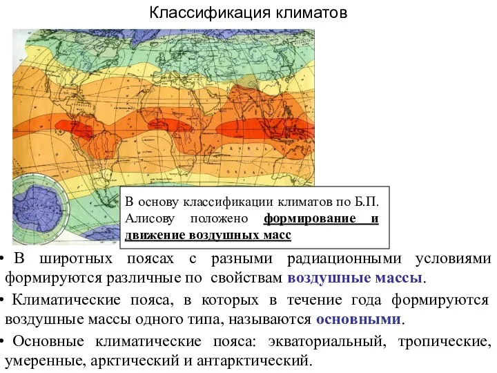 Классификация климатов В широтных поясах с разными радиационными условиями формируются