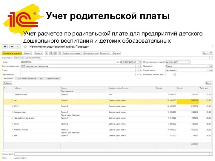 Учет родительской платы Учет расчетов по родительской плате для предприятий детского дошкольного воспитания