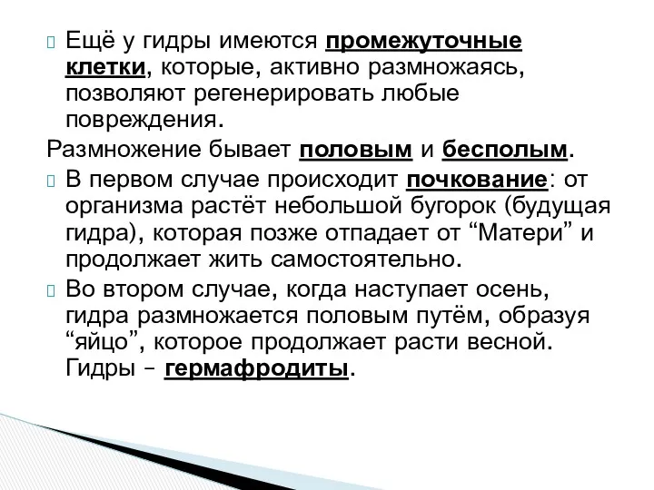 Ещё у гидры имеются промежуточные клетки, которые, активно размножаясь, позволяют регенерировать любые повреждения.