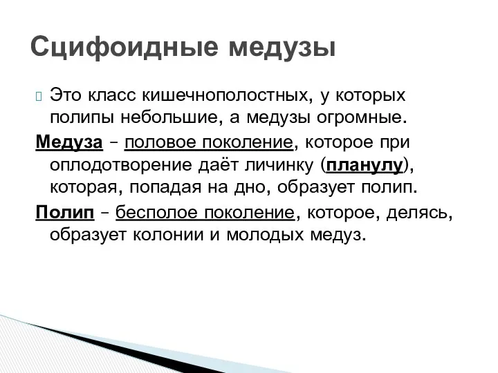 Это класс кишечнополостных, у которых полипы небольшие, а медузы огромные. Медуза – половое