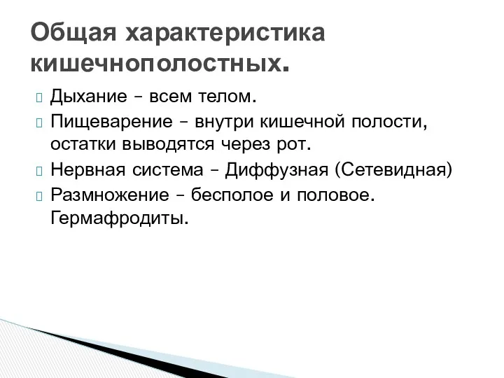 Дыхание – всем телом. Пищеварение – внутри кишечной полости, остатки выводятся через рот.