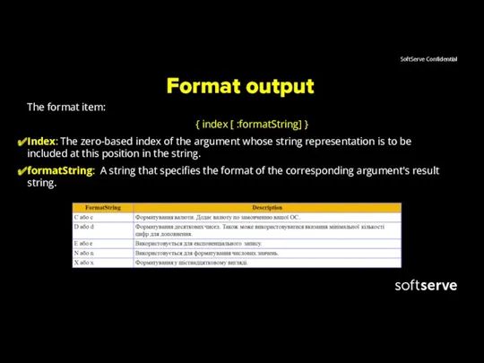 Format output The format item: { index [ :formatString] }