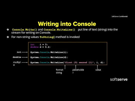 Writing into Console Console .Write() and Console .WriteLine() put line