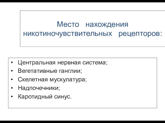 Место нахождения никотиночувствительных рецепторов: Центральная нервная система; Вегетативные ганглии; Скелетная мускулатура; Надпочечники; Каротидный синус.