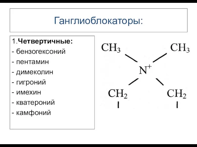 Ганглиоблокаторы: 1. Четвертичные: - бензогексоний - пентамин - димеколин - гигроний - имехин