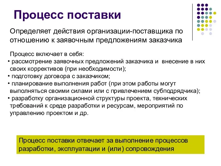 Процесс поставки Определяет действия организации-поставщика по отношению к заявочным предложениям