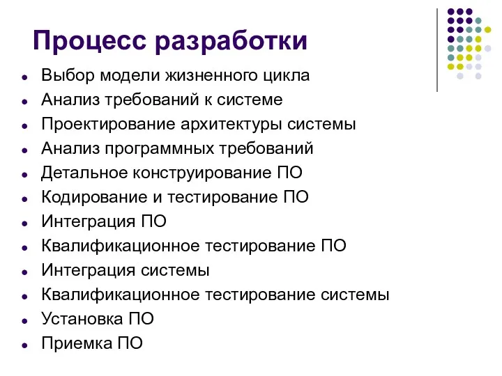 Процесс разработки Выбор модели жизненного цикла Анализ требований к системе Проектирование архитектуры системы