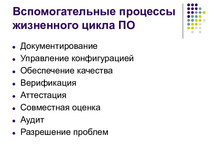 Вспомогательные процессы жизненного цикла ПО Документирование Управление конфигурацией Обеспечение качества Верификация Аттестация Совместная