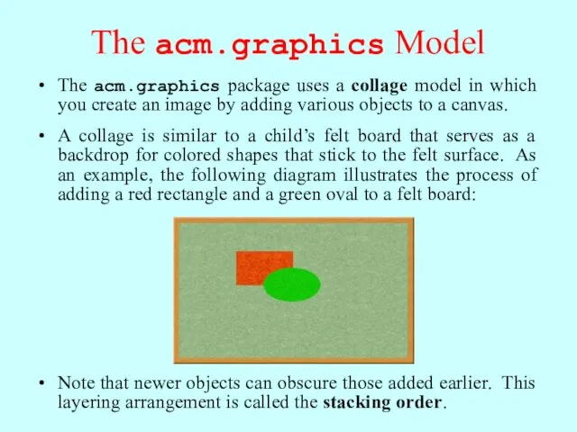 The acm.graphics Model The acm.graphics package uses a collage model