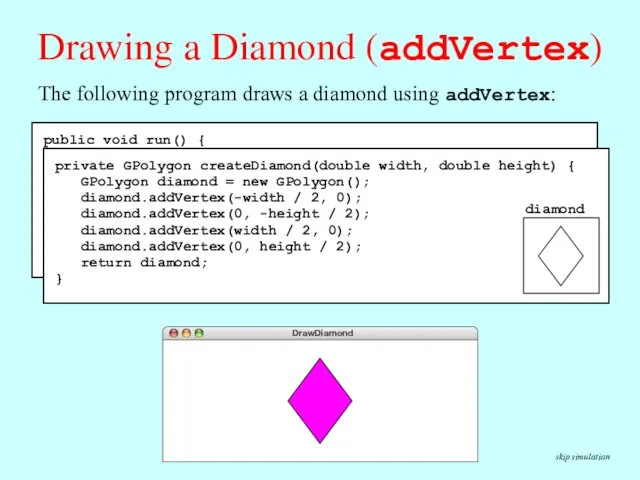 Drawing a Diamond (addVertex) skip simulation public void run() {