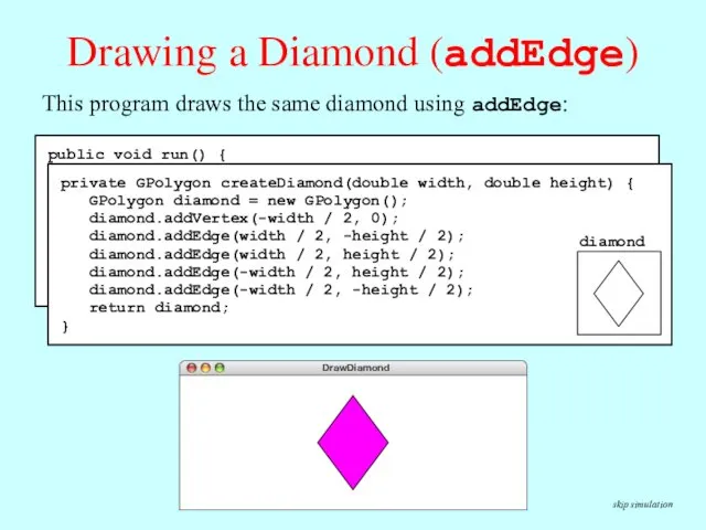 Drawing a Diamond (addEdge) skip simulation public void run() {