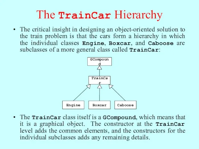 The TrainCar Hierarchy The critical insight in designing an object-oriented