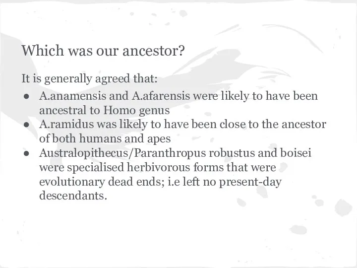 Which was our ancestor? It is generally agreed that: A.anamensis and A.afarensis were