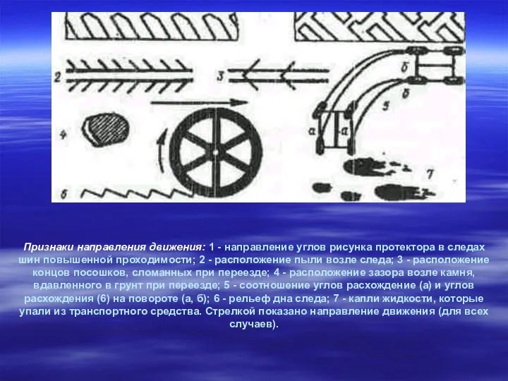 Признаки направления движения: 1 - направление углов рисунка протектора в