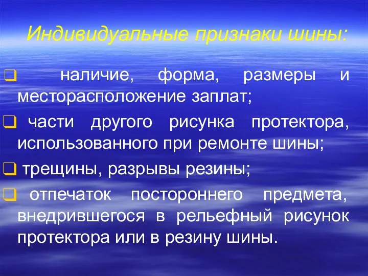 Индивидуальные признаки шины: наличие, форма, размеры и месторасположение заплат; части