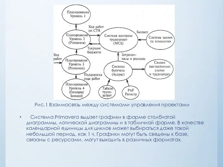 Рис.1 Взаимосвязь между системами управления проектами Система Primavera выдает графики в форме столбчатой
