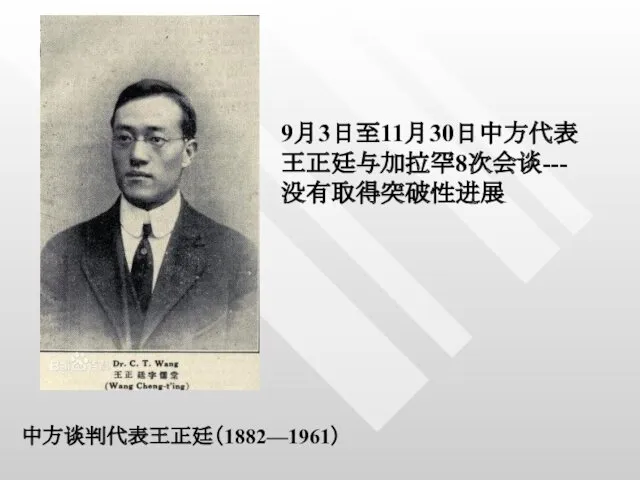 中方谈判代表王正廷（1882—1961） 9月3日至11月30日中方代表王正廷与加拉罕8次会谈---没有取得突破性进展