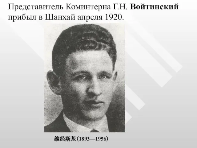 Представитель Коминтерна Г.Н. Войтинский прибыл в Шанхай апреля 1920. 维经斯基（1893—1956）