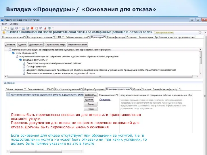 Вкладка «Процедуры»/ «Основания для отказа» Должны быть перечислены основания для