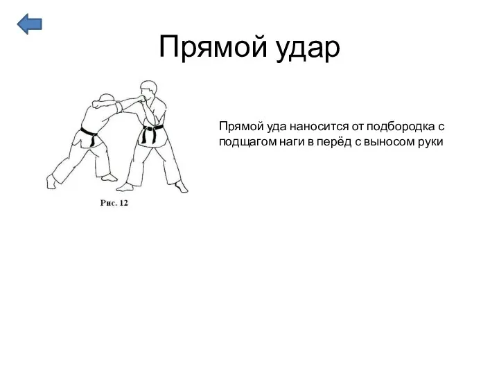 Прямой удар Прямой уда наносится от подбородка с подщагом наги в перёд с выносом руки