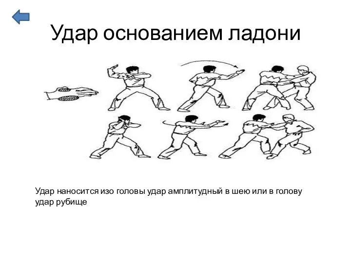 Удар основанием ладони Удар наносится изо головы удар амплитудный в шею или в голову удар рубище