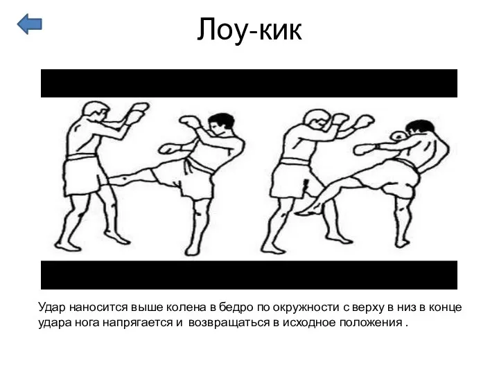 Удар наносится выше колена в бедро по окружности с верху