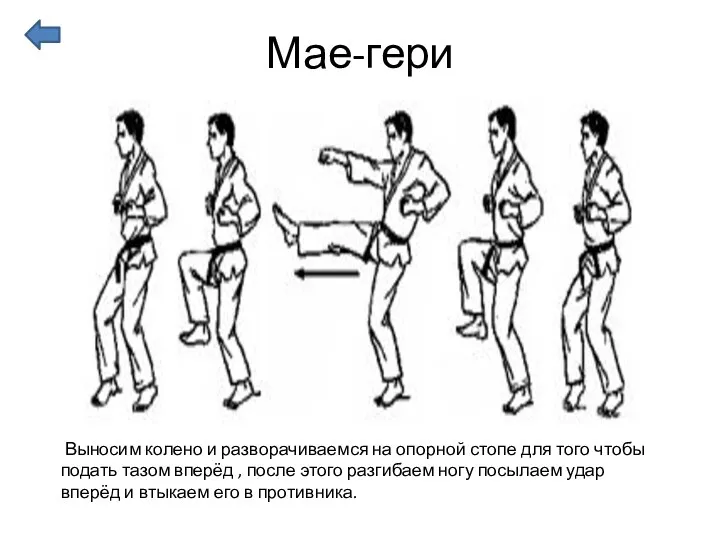 Мае-гери Выносим колено и разворачиваемся на опорной стопе для того