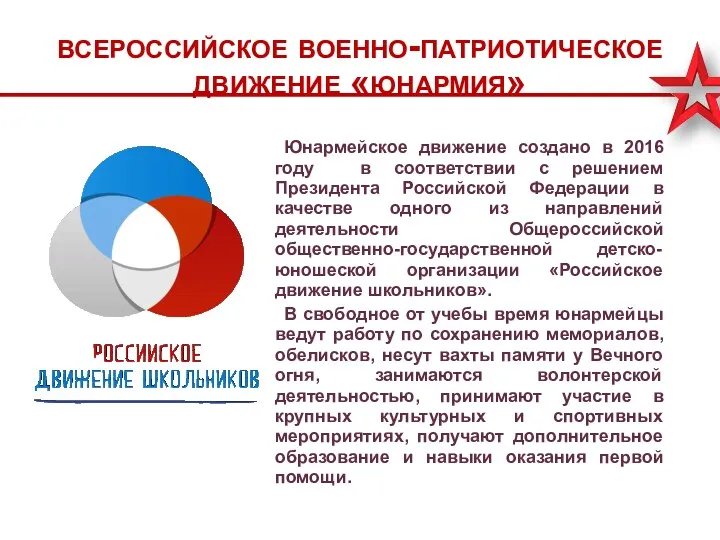 всероссийское военно-патриотическое движение «юнармия» Юнармейское движение создано в 2016 году в соответствии с