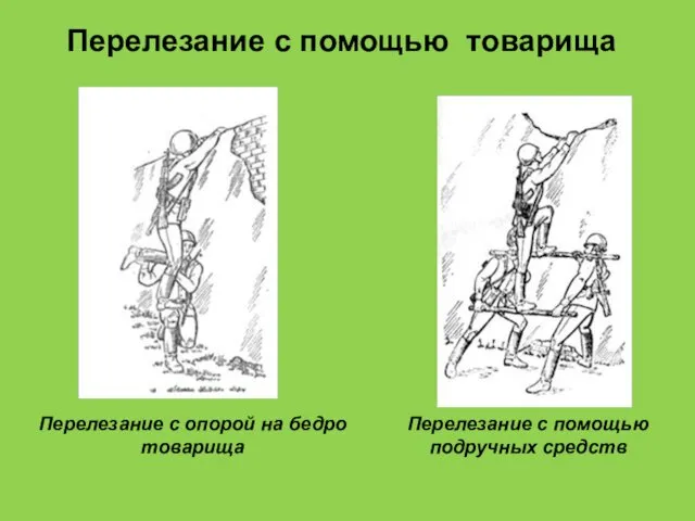 Перелезание с помощью товарища Перелезание с опорой на бедро товарища Перелезание с помощью подручных средств