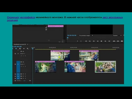Скриншот интерфейса нелинейного монтажа. В нижней части отображается лист монтажных решений