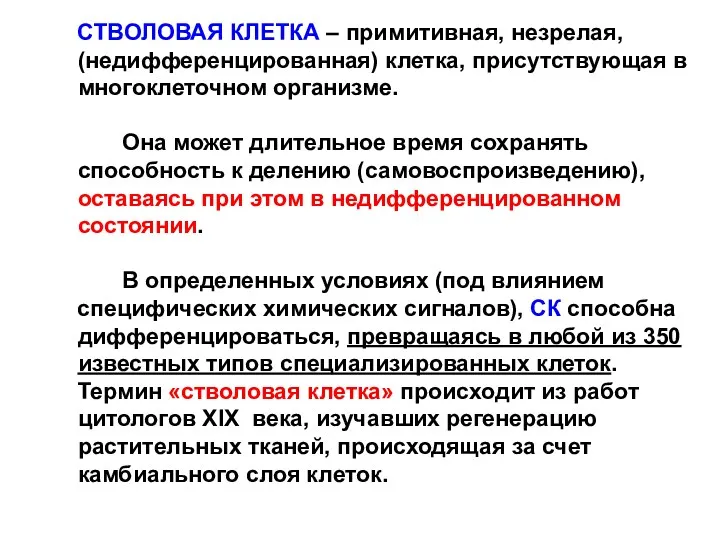 СТВОЛОВАЯ КЛЕТКА – примитивная, незрелая, (недифференцированная) клетка, присутствующая в многоклеточном организме. Она может