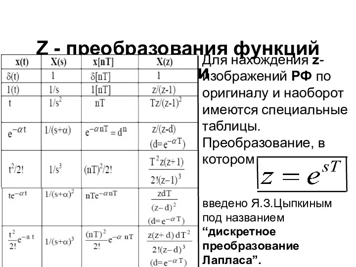 Z - преобразования функций времени Для нахождения z-изображений РФ по оригиналу и наоборот