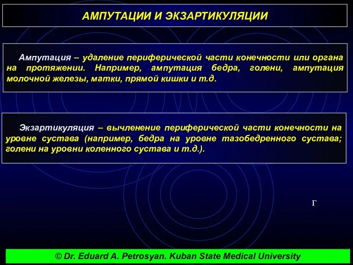 АМПУТАЦИИ И ЭКЗАРТИКУЛЯЦИИ г Ампутация – удаление периферической части конечности или органа на