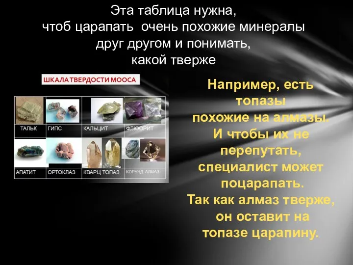 Эта таблица нужна, чтоб царапать очень похожие минералы друг другом