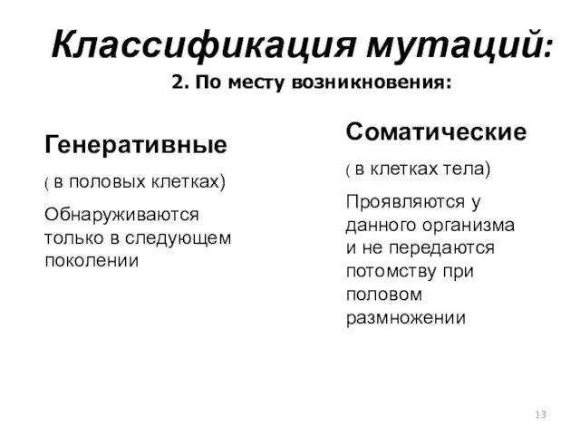 Генеративные ( в половых клетках) Обнаруживаются только в следующем поколении