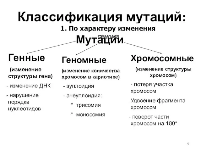 Классификация мутаций: Генные (изменение структуры гена) изменение ДНК нарушение порядка