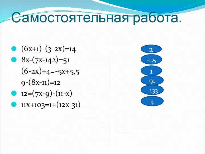 Самостоятельная работа. (6х+1)-(3-2х)=14 8х-(7х-142)=51 (6-2х)+4=-5х+5,5 9-(8х-11)=12 12=(7х-9)-(11-х) 11х+103=1+(12х-31) 2 -1,5 1 91 133 4