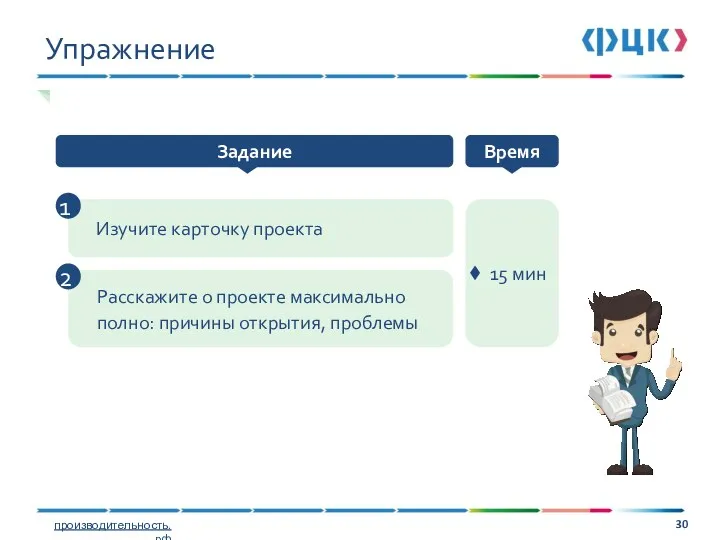 Изучите карточку проекта 15 мин 1 Расскажите о проекте максимально полно: причины открытия, проблемы 2 Упражнение