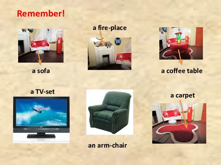 Remember! a sofa a fire-place a coffee table a TV-set an arm-chair a carpet