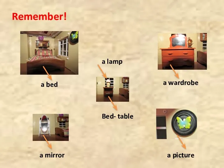 Remember! a bed a wardrobe a lamp a mirror a picture Bed- table
